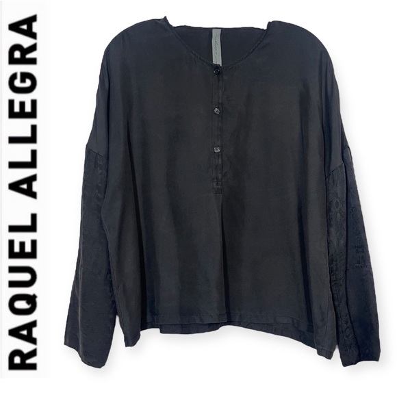 Raquel Allegra Henley Blouse Black 0 Oversized Slouchy Boxy Oriental Print Top - Picture 2 of 15